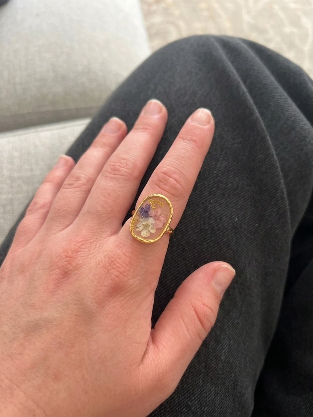 (New) Gold Oval Floral Resin Ring - Pink & Purple Flower Accent